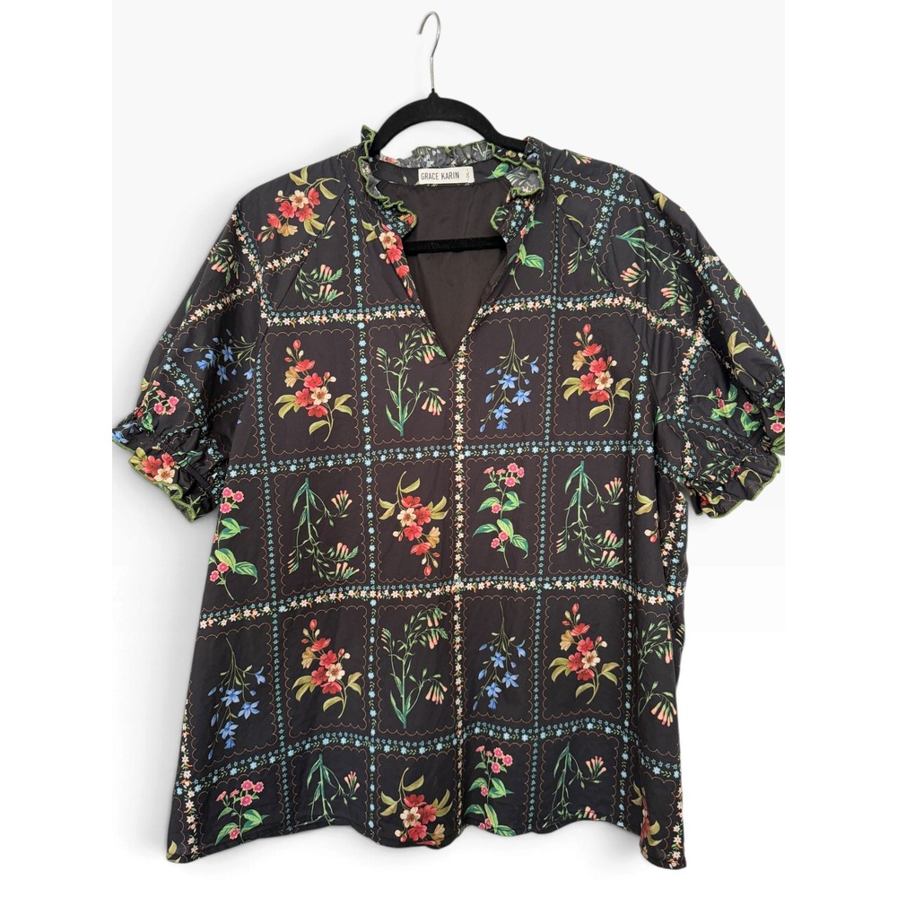 Grace Karin Black Floral Grid Ruffle V-Neck Puff Sleeve Blouse 2XL Cottagecore
